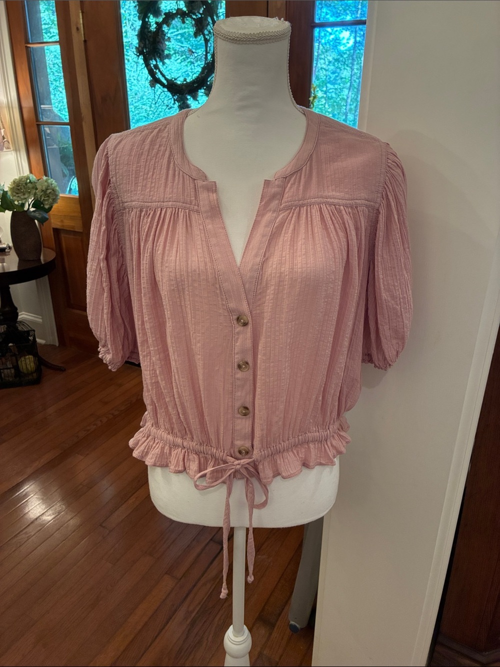 Free People Dusty Rose Button-Front Drawstring Hem Blouse